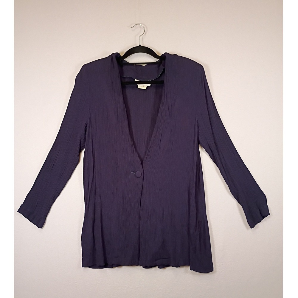 Vintage Susan Burrowes Womens 14 Purple Crinkle Rayon Button Front Cardigan Top